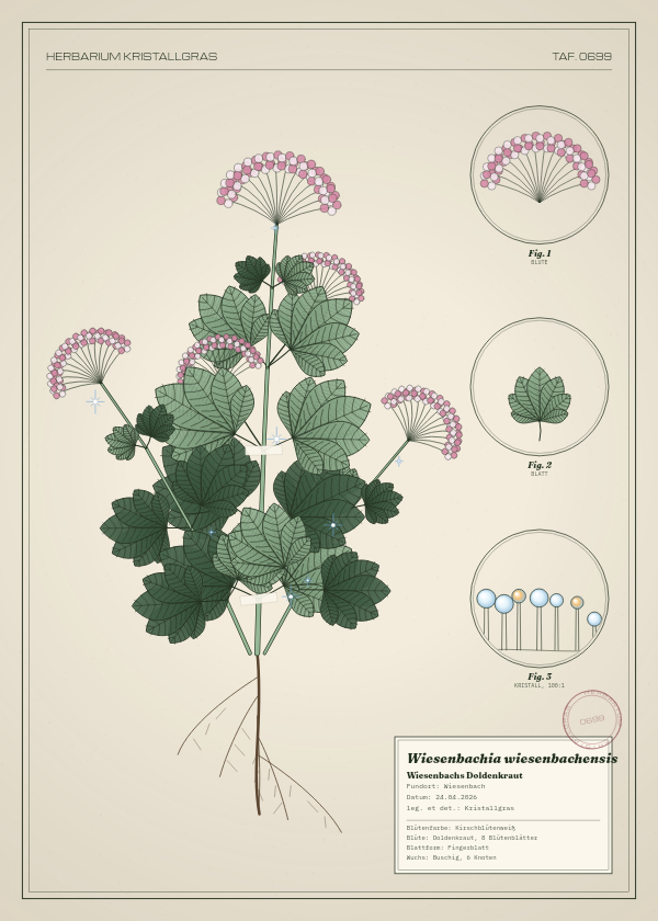 Botanische Tafel: Wiesenbachia wiesenbachensis, eine erfundene Pflanze aus Wiesenbach, gezeichnet wie in einem alten Pflanzenatlas