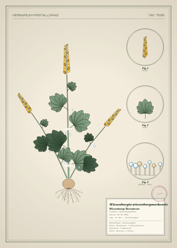 Botanische Tafel: Wiesenburgia wiesenburgmarkensis, eine erfundene Pflanze aus Wiesenburg/Mark, gezeichnet wie in einem alten Pflanzenatlas