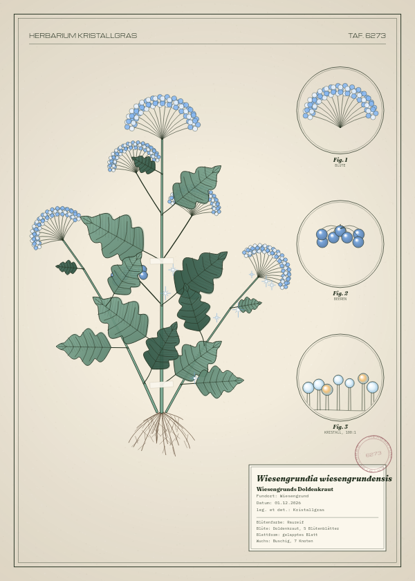 Botanische Tafel: Wiesengrundia wiesengrundensis, eine erfundene Pflanze aus Wiesengrund, gezeichnet wie in einem alten Pflanzenatlas