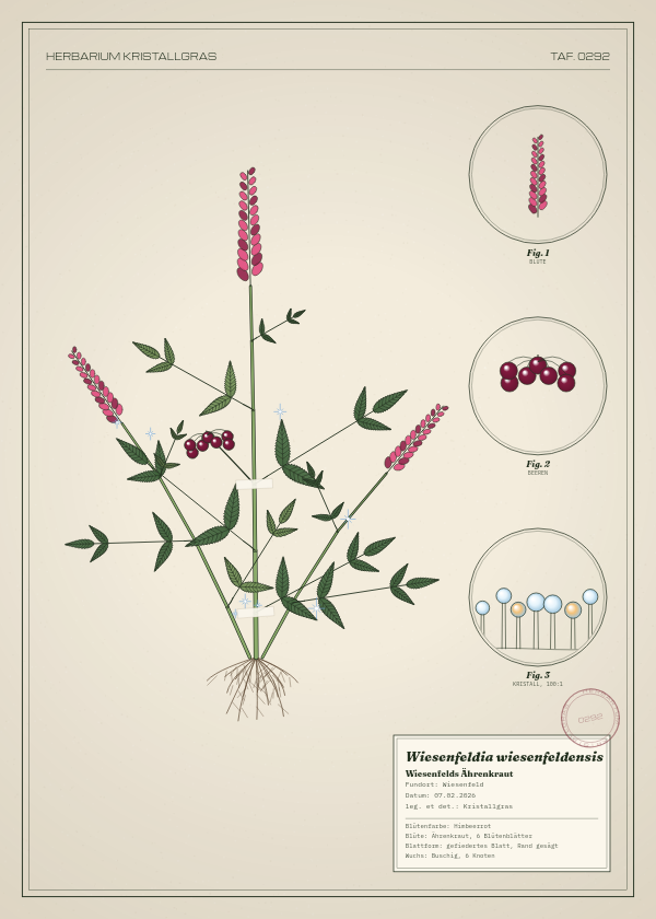 Botanische Tafel: Wiesenfeldia wiesenfeldensis, eine erfundene Pflanze aus Wiesenfeld, gezeichnet wie in einem alten Pflanzenatlas