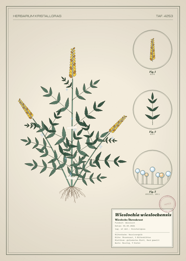 Botanische Tafel: Wieslochia wieslochensis, eine erfundene Pflanze aus Wiesloch, gezeichnet wie in einem alten Pflanzenatlas
