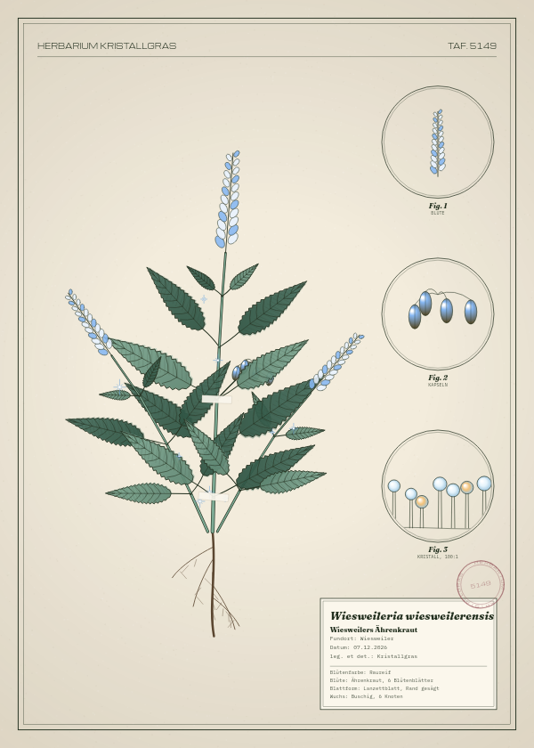 Botanische Tafel: Wiesweileria wiesweilerensis, eine erfundene Pflanze aus Wiesweiler, gezeichnet wie in einem alten Pflanzenatlas