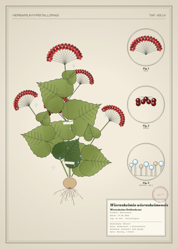 Botanische Tafel: Wiernsheimia wiernsheimensis, eine erfundene Pflanze aus Wiernsheim, gezeichnet wie in einem alten Pflanzenatlas