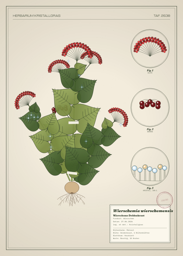 Botanische Tafel: Wierschemia wierschemensis, eine erfundene Pflanze aus Wierschem, gezeichnet wie in einem alten Pflanzenatlas