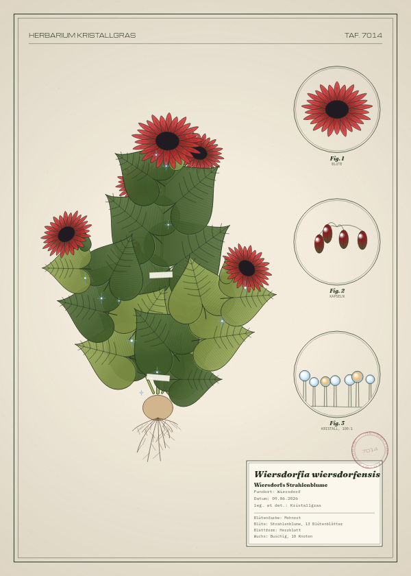 Botanische Tafel: Wiersdorfia wiersdorfensis, eine erfundene Pflanze aus Wiersdorf, gezeichnet wie in einem alten Pflanzenatlas