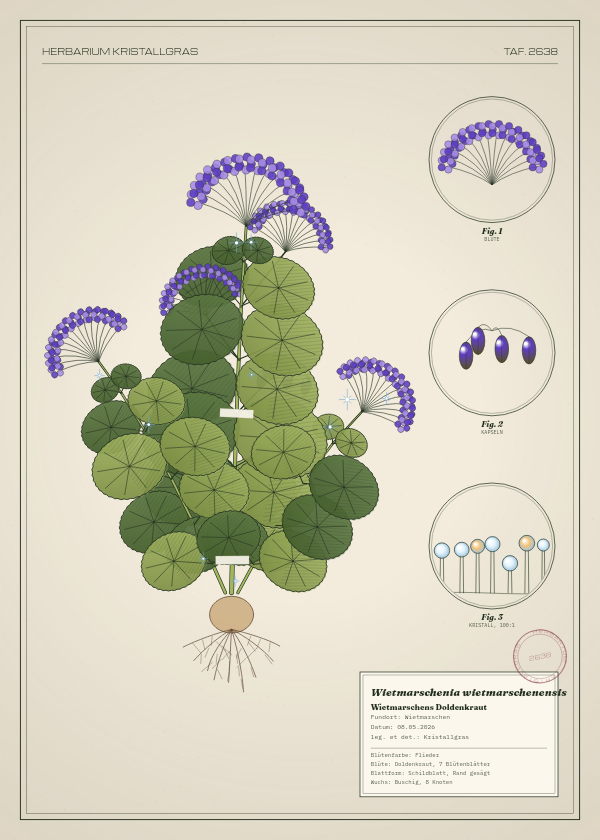 Botanische Tafel: Wietmarschenia wietmarschenensis, eine erfundene Pflanze aus Wietmarschen, gezeichnet wie in einem alten Pflanzenatlas