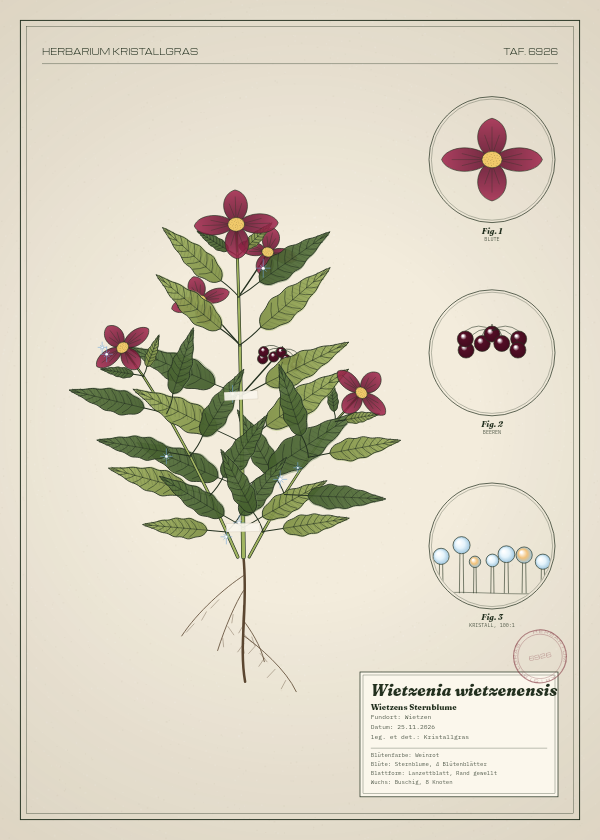 Botanische Tafel: Wietzenia wietzenensis, eine erfundene Pflanze aus Wietzen, gezeichnet wie in einem alten Pflanzenatlas