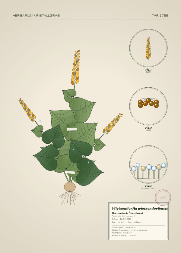 Botanische Tafel: Wietzendorfia wietzendorfensis, eine erfundene Pflanze aus Wietzendorf, gezeichnet wie in einem alten Pflanzenatlas