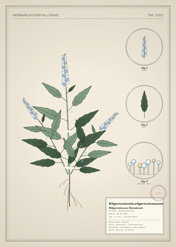 Botanische Tafel: Wilgartswiesenia wilgartswiesenensis, eine erfundene Pflanze aus Wilgartswiesen, gezeichnet wie in einem alten Pflanzenatlas