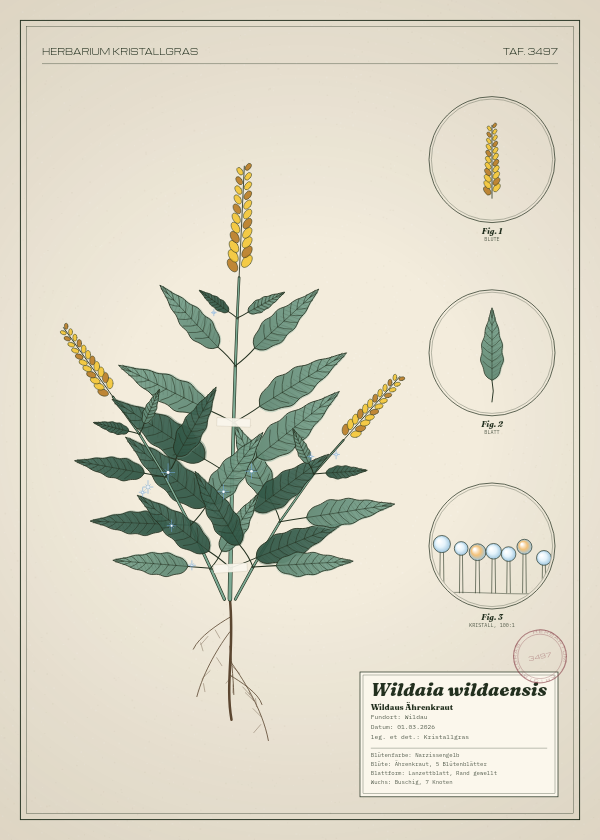 Botanische Tafel: Wildaia wildaensis, eine erfundene Pflanze aus Wildau, gezeichnet wie in einem alten Pflanzenatlas