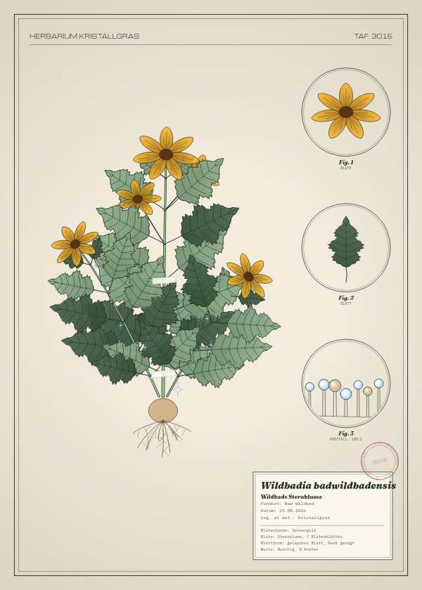 Botanische Tafel: Wildbadia badwildbadensis, eine erfundene Pflanze aus Bad Wildbad, gezeichnet wie in einem alten Pflanzenatlas