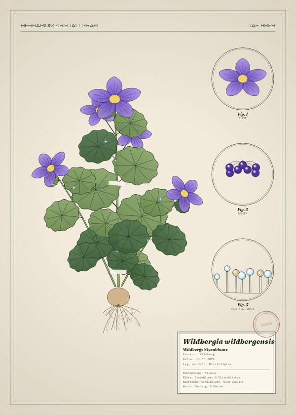 Botanische Tafel: Wildbergia wildbergensis, eine erfundene Pflanze aus Wildberg, gezeichnet wie in einem alten Pflanzenatlas