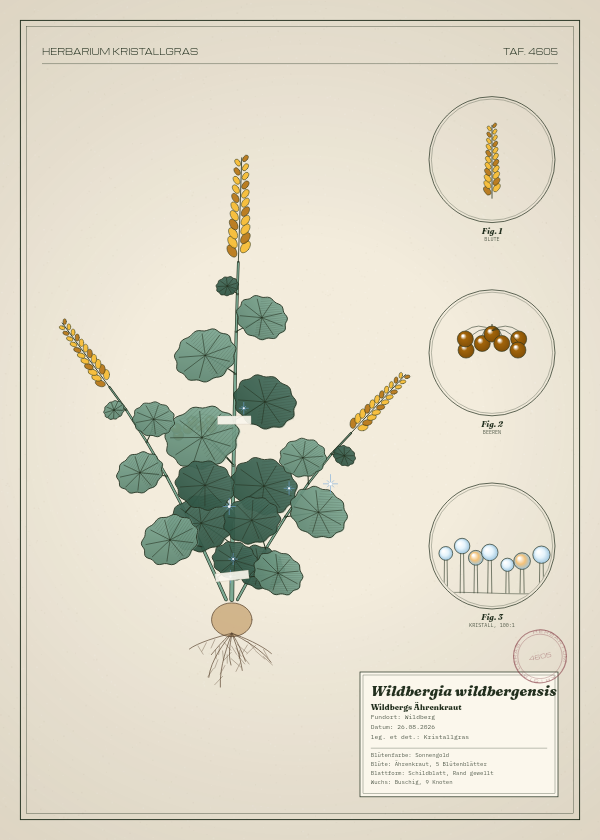 Botanische Tafel: Wildbergia wildbergensis, eine erfundene Pflanze aus Wildberg, gezeichnet wie in einem alten Pflanzenatlas