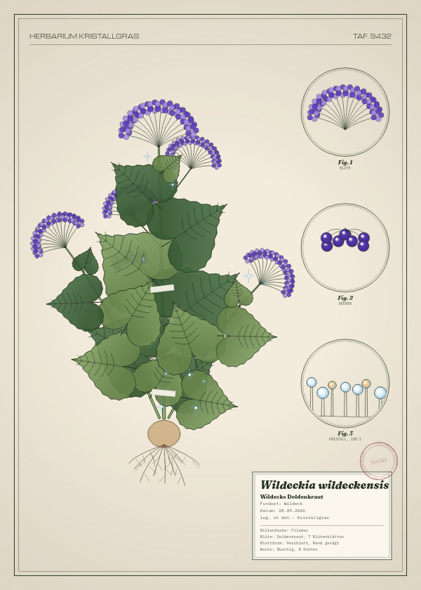 Botanische Tafel: Wildeckia wildeckensis, eine erfundene Pflanze aus Wildeck, gezeichnet wie in einem alten Pflanzenatlas