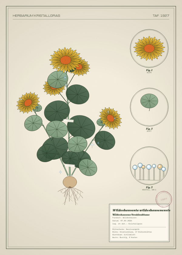 Botanische Tafel: Wildeshausenia wildeshausenensis, eine erfundene Pflanze aus Wildeshausen, gezeichnet wie in einem alten Pflanzenatlas