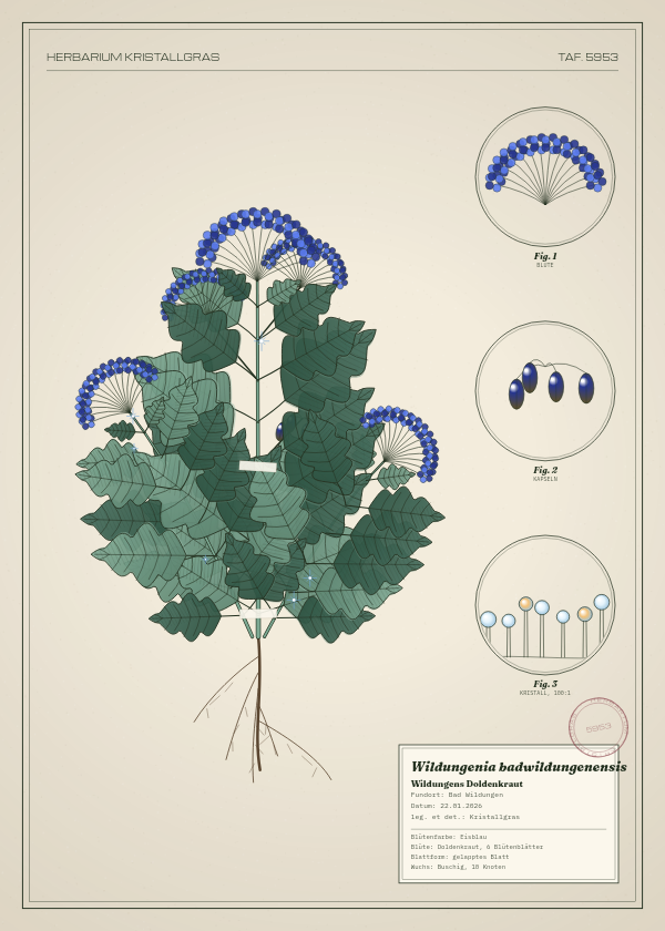 Botanische Tafel: Wildungenia badwildungenensis, eine erfundene Pflanze aus Bad Wildungen, gezeichnet wie in einem alten Pflanzenatlas