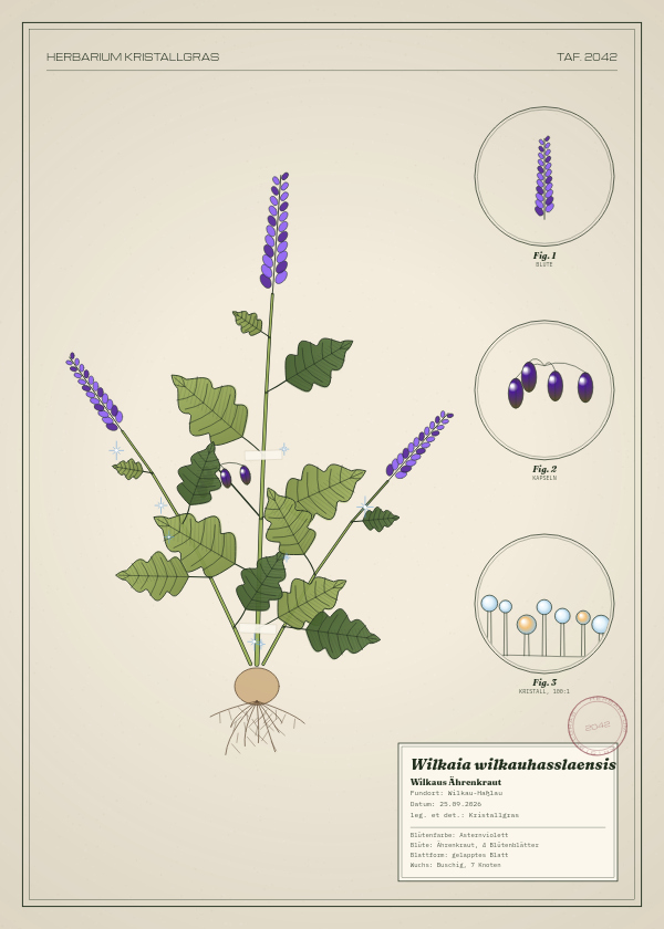Botanische Tafel: Wilkaia wilkauhasslaensis, eine erfundene Pflanze aus Wilkau-Haßlau, gezeichnet wie in einem alten Pflanzenatlas