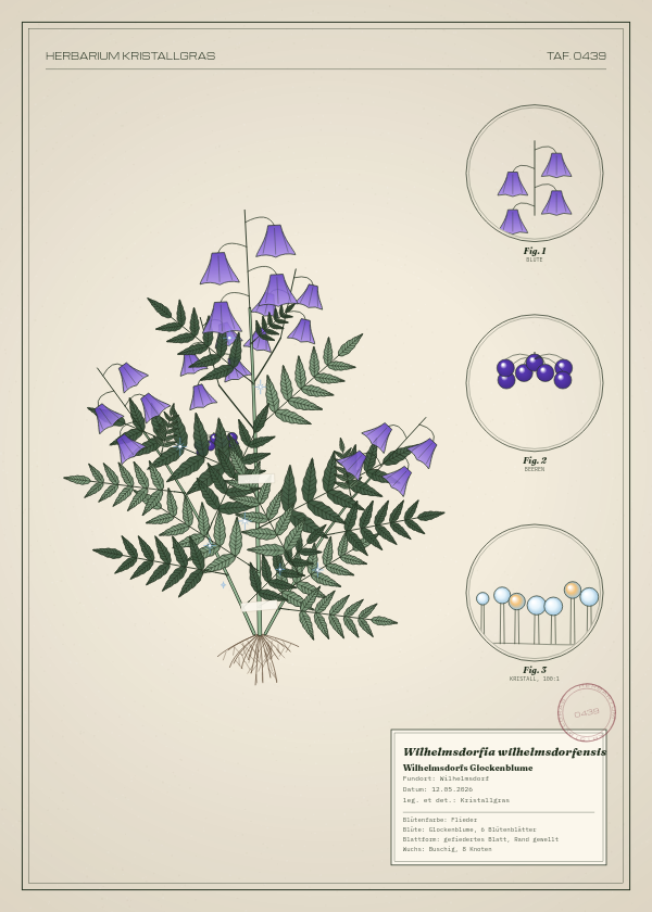 Botanische Tafel: Wilhelmsdorfia wilhelmsdorfensis, eine erfundene Pflanze aus Wilhelmsdorf, gezeichnet wie in einem alten Pflanzenatlas