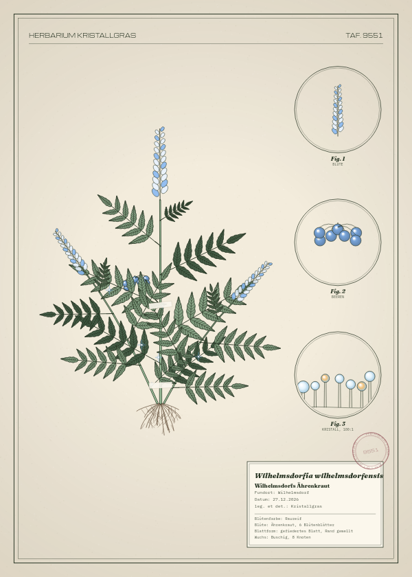 Botanische Tafel: Wilhelmsdorfia wilhelmsdorfensis, eine erfundene Pflanze aus Wilhelmsdorf, gezeichnet wie in einem alten Pflanzenatlas