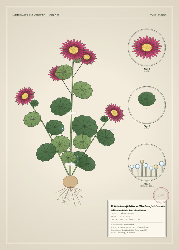 Botanische Tafel: Wilhelmsfeldia wilhelmsfeldensis, eine erfundene Pflanze aus Wilhelmsfeld, gezeichnet wie in einem alten Pflanzenatlas