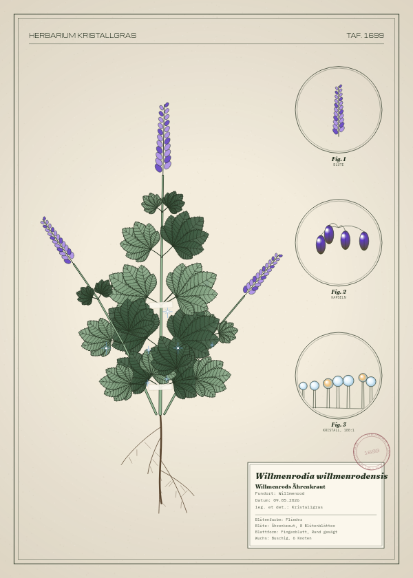 Botanische Tafel: Willmenrodia willmenrodensis, eine erfundene Pflanze aus Willmenrod, gezeichnet wie in einem alten Pflanzenatlas