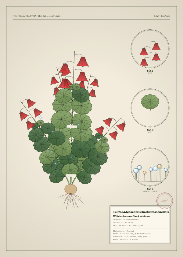 Botanische Tafel: Willebadessenia willebadessenensis, eine erfundene Pflanze aus Willebadessen, gezeichnet wie in einem alten Pflanzenatlas
