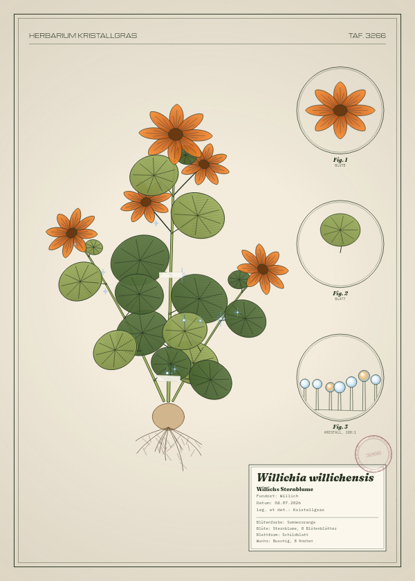 Botanische Tafel: Willichia willichensis, eine erfundene Pflanze aus Willich, gezeichnet wie in einem alten Pflanzenatlas