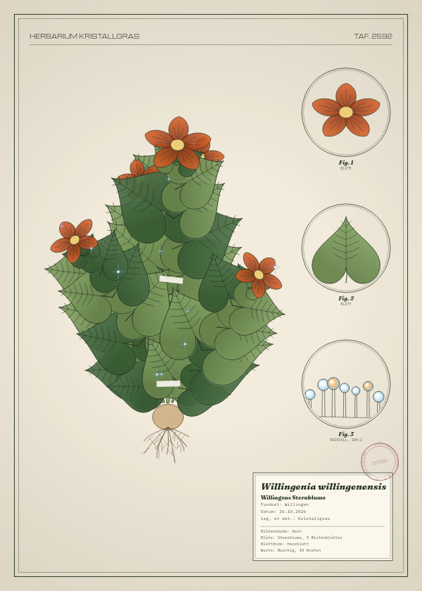 Botanische Tafel: Willingenia willingenensis, eine erfundene Pflanze aus Willingen, gezeichnet wie in einem alten Pflanzenatlas