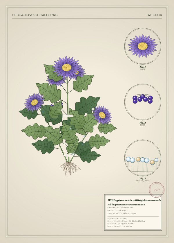 Botanische Tafel: Willingshausenia willingshausenensis, eine erfundene Pflanze aus Willingshausen, gezeichnet wie in einem alten Pflanzenatlas