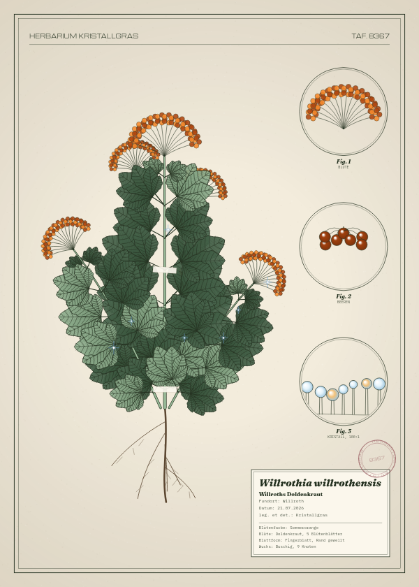 Botanische Tafel: Willrothia willrothensis, eine erfundene Pflanze aus Willroth, gezeichnet wie in einem alten Pflanzenatlas