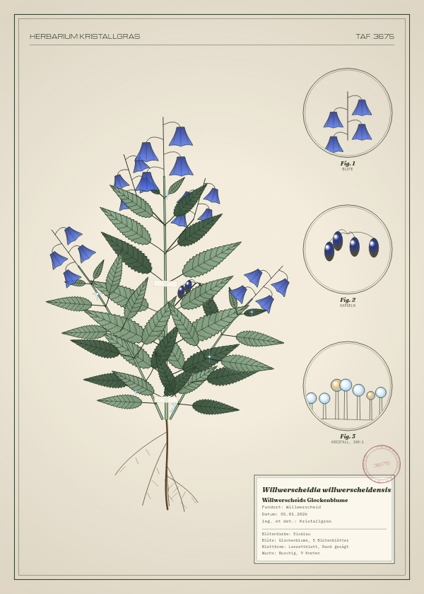 Botanische Tafel: Willwerscheidia willwerscheidensis, eine erfundene Pflanze aus Willwerscheid, gezeichnet wie in einem alten Pflanzenatlas