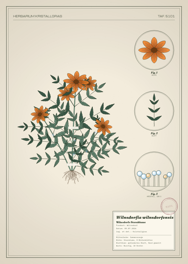Botanische Tafel: Wilnsdorfia wilnsdorfensis, eine erfundene Pflanze aus Wilnsdorf, gezeichnet wie in einem alten Pflanzenatlas
