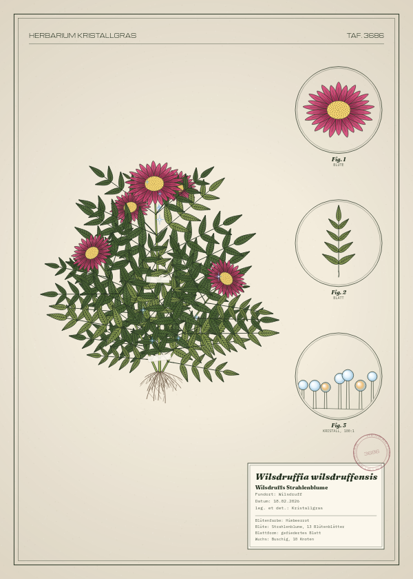 Botanische Tafel: Wilsdruffia wilsdruffensis, eine erfundene Pflanze aus Wilsdruff, gezeichnet wie in einem alten Pflanzenatlas