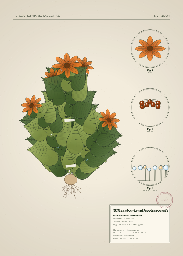 Botanische Tafel: Wilseckeria wilseckerensis, eine erfundene Pflanze aus Wilsecker, gezeichnet wie in einem alten Pflanzenatlas