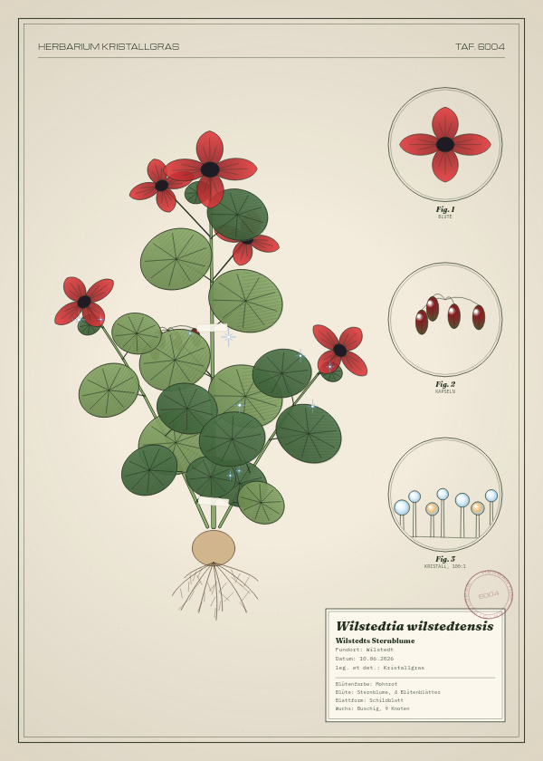 Botanische Tafel: Wilstedtia wilstedtensis, eine erfundene Pflanze aus Wilstedt, gezeichnet wie in einem alten Pflanzenatlas