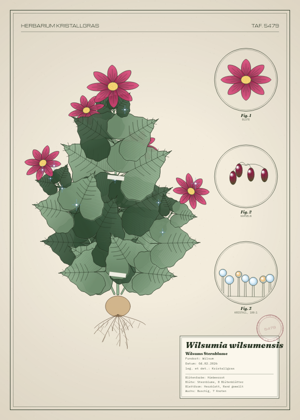 Botanische Tafel: Wilsumia wilsumensis, eine erfundene Pflanze aus Wilsum, gezeichnet wie in einem alten Pflanzenatlas