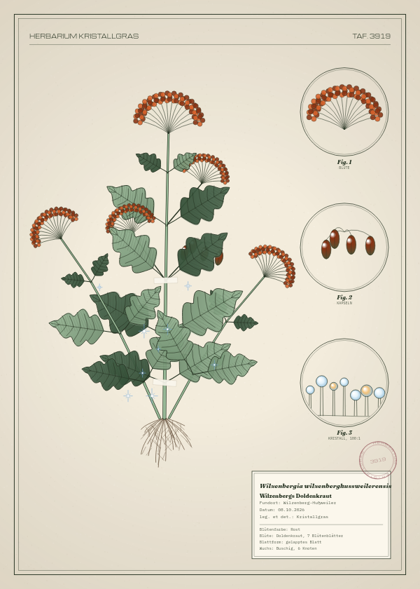 Botanische Tafel: Wilzenbergia wilzenberghussweilerensis, eine erfundene Pflanze aus Wilzenberg-Hußweiler, gezeichnet wie in einem alten Pflanzenatlas