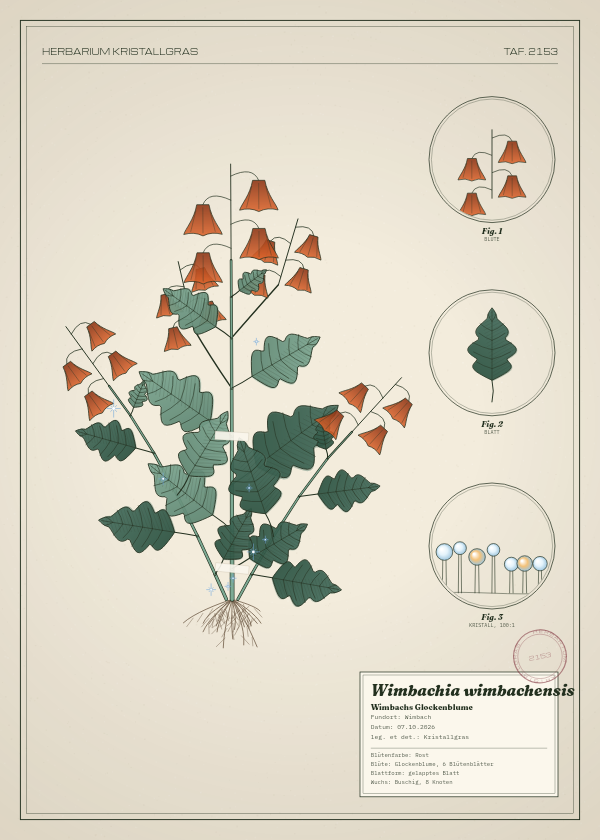 Botanische Tafel: Wimbachia wimbachensis, eine erfundene Pflanze aus Wimbach, gezeichnet wie in einem alten Pflanzenatlas