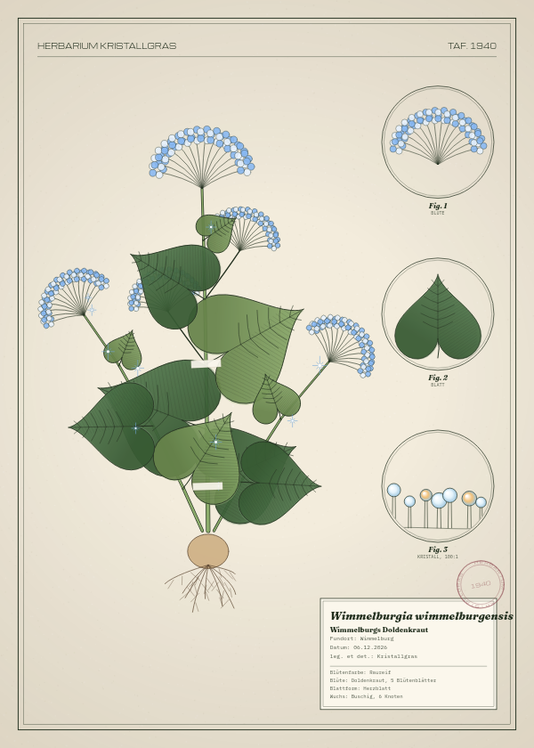 Botanische Tafel: Wimmelburgia wimmelburgensis, eine erfundene Pflanze aus Wimmelburg, gezeichnet wie in einem alten Pflanzenatlas