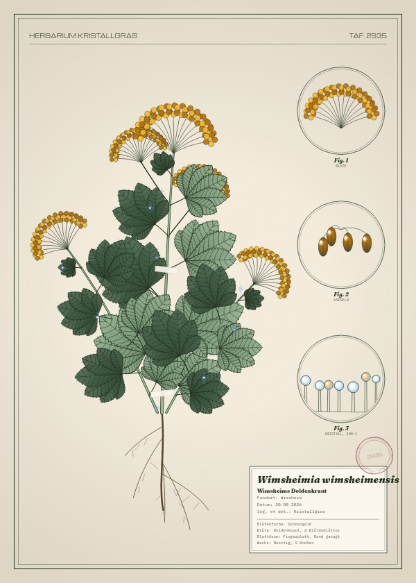 Botanische Tafel: Wimsheimia wimsheimensis, eine erfundene Pflanze aus Wimsheim, gezeichnet wie in einem alten Pflanzenatlas