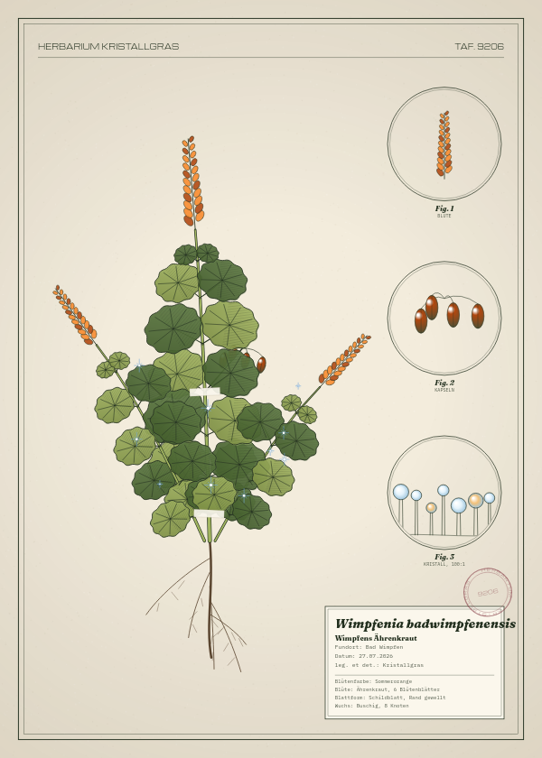Botanische Tafel: Wimpfenia badwimpfenensis, eine erfundene Pflanze aus Bad Wimpfen, gezeichnet wie in einem alten Pflanzenatlas