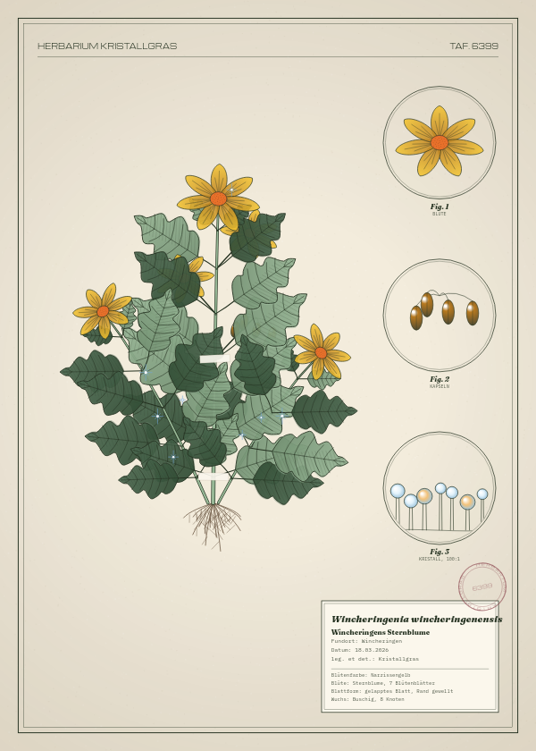 Botanische Tafel: Wincheringenia wincheringenensis, eine erfundene Pflanze aus Wincheringen, gezeichnet wie in einem alten Pflanzenatlas