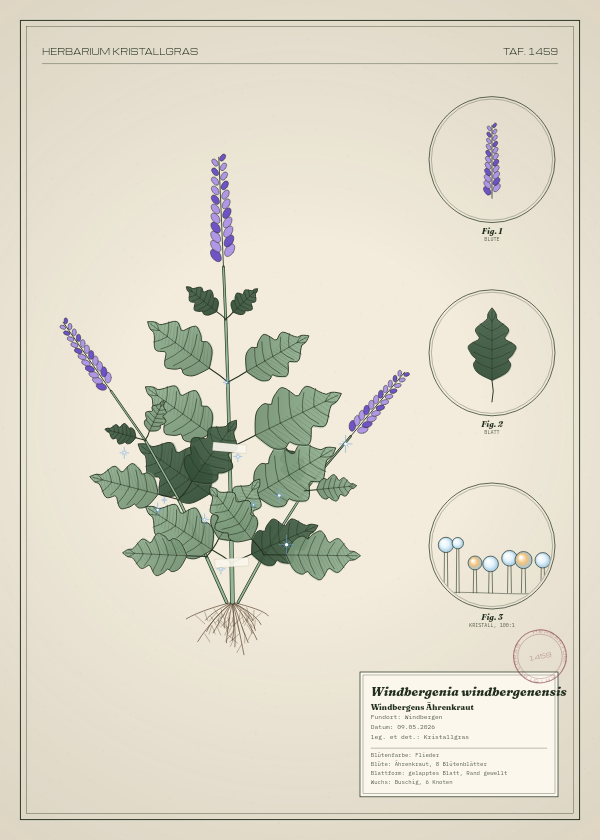 Botanische Tafel: Windbergenia windbergenensis, eine erfundene Pflanze aus Windbergen, gezeichnet wie in einem alten Pflanzenatlas