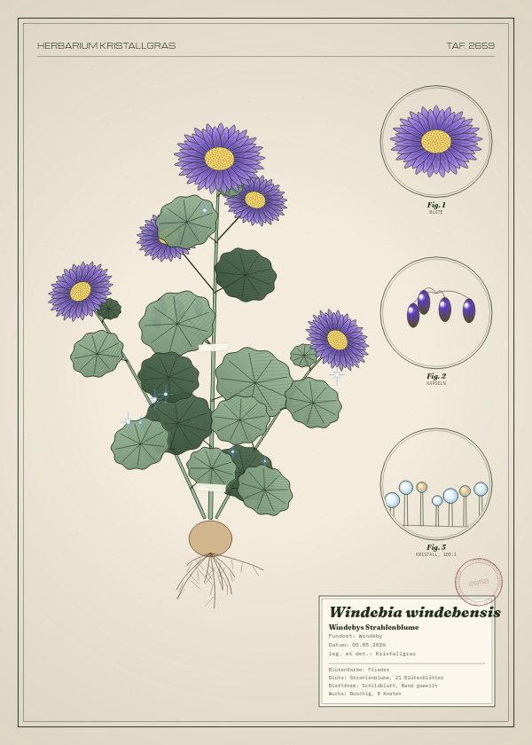 Botanische Tafel: Windebia windebensis, eine erfundene Pflanze aus Windeby, gezeichnet wie in einem alten Pflanzenatlas