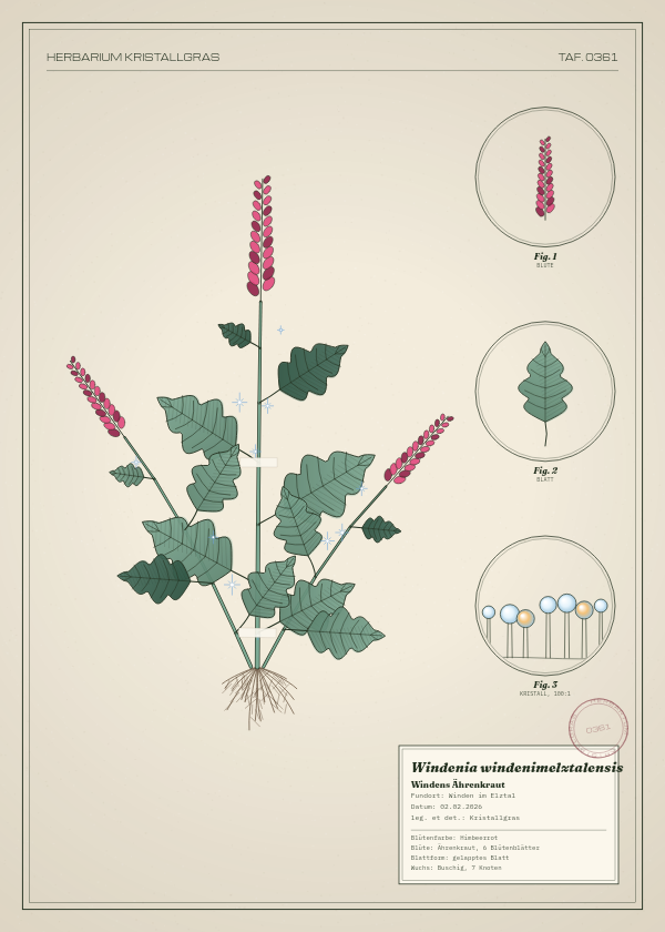 Botanische Tafel: Windenia windenimelztalensis, eine erfundene Pflanze aus Winden im Elztal, gezeichnet wie in einem alten Pflanzenatlas
