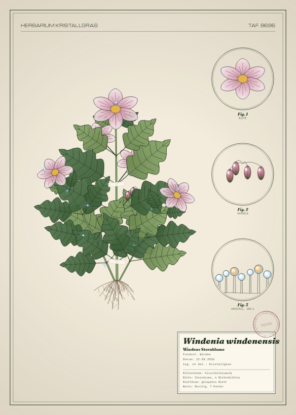 Botanische Tafel: Windenia windenensis, eine erfundene Pflanze aus Winden, gezeichnet wie in einem alten Pflanzenatlas