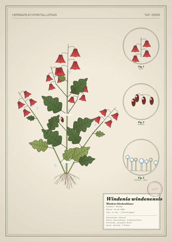 Botanische Tafel: Windenia windenensis, eine erfundene Pflanze aus Winden, gezeichnet wie in einem alten Pflanzenatlas