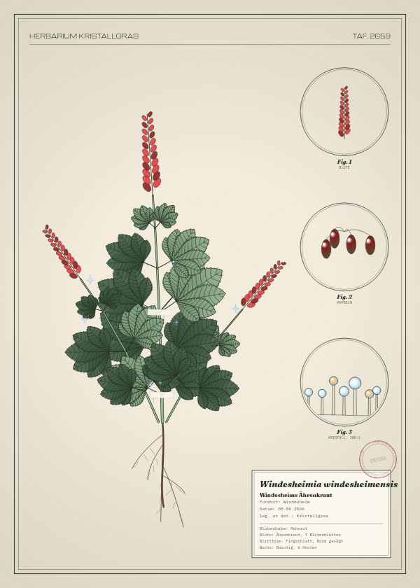 Botanische Tafel: Windesheimia windesheimensis, eine erfundene Pflanze aus Windesheim, gezeichnet wie in einem alten Pflanzenatlas