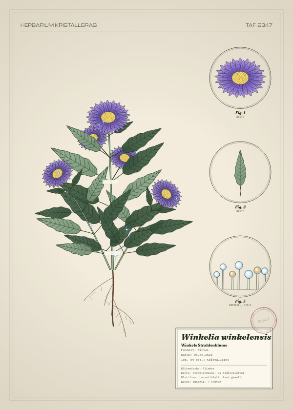 Botanische Tafel: Winkelia winkelensis, eine erfundene Pflanze aus Winkel, gezeichnet wie in einem alten Pflanzenatlas