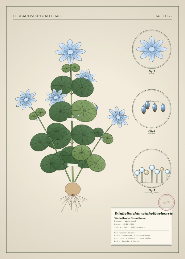 Botanische Tafel: Winkelbachia winkelbachensis, eine erfundene Pflanze aus Winkelbach, gezeichnet wie in einem alten Pflanzenatlas
